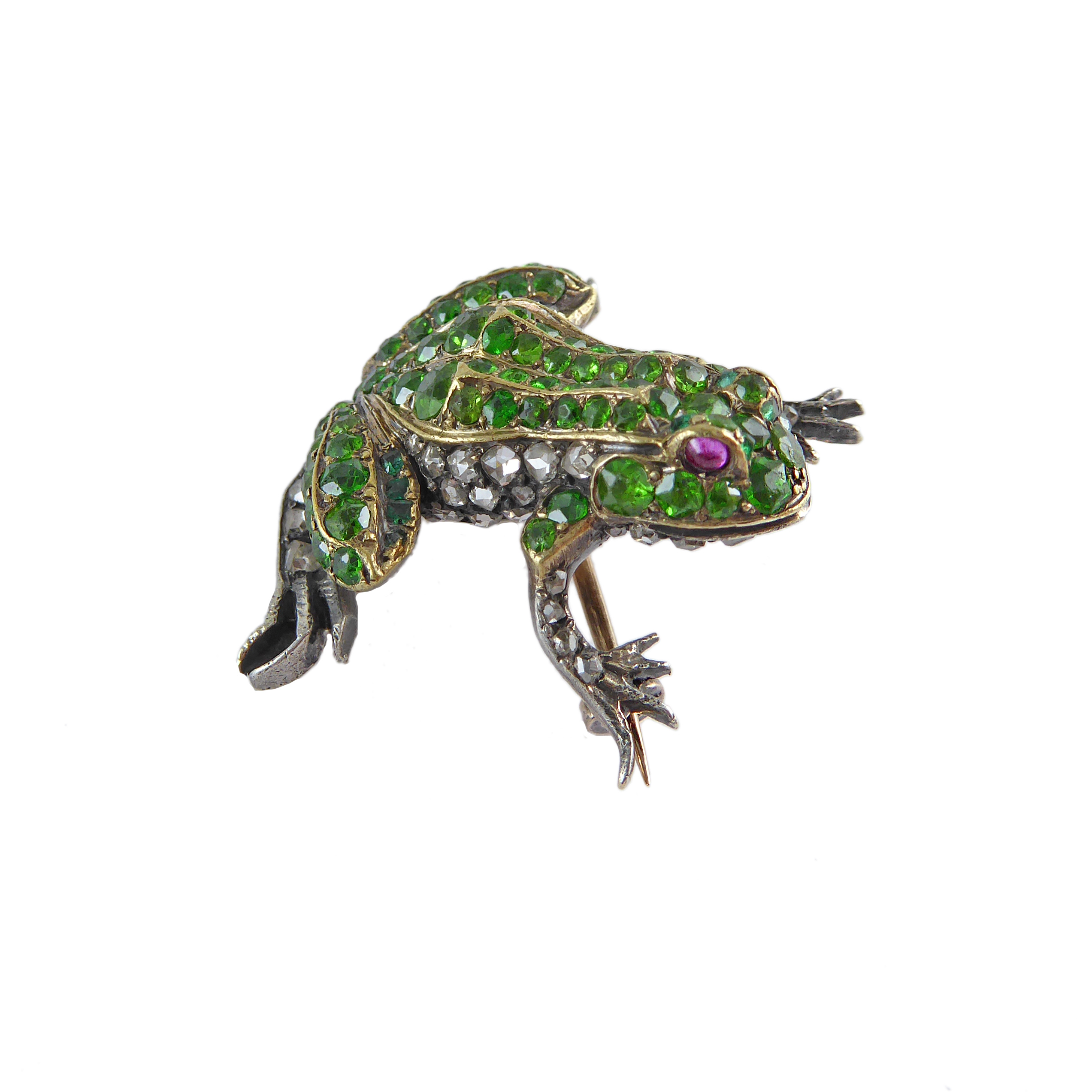 19th century diamond and demantoid garnet frog brooch, c.1880,